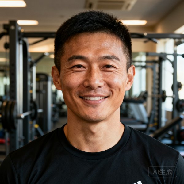 陈志远教练正面半身照，身着黑色训练T恤，短发干练，面带微笑，背景是训练场的器械区，眼神坚定而温和。